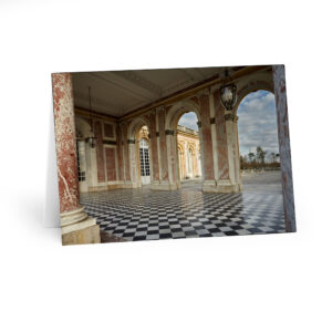Greetings Cards "Stone and Garden in Conversation" : An open colonnade where architecture and nature meet. The marble columns frame the gardens beyond, while the geometry of the floor draws the eye through the space. The repetition of arches, columns and squares creates a precise architectural rhythm, softened by the irregular patterns of the marble and the landscape beyond. What interests me here is the conversation between the two: the order imposed by architecture and the less predictable forms of nature. For a moment, neither dominates. Stone and garden become parts of the same composition, connected by light, pattern and perspective.